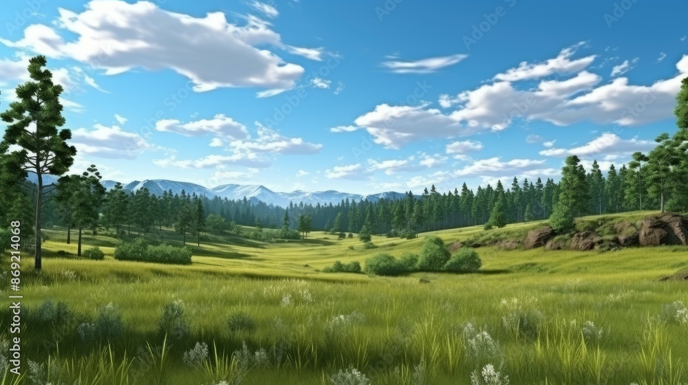 Poster this is a beautiful landscape image of a green field with a forest of pine trees in the background.