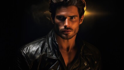 Obraz premium Mysterious man with intense gaze in leather jacket