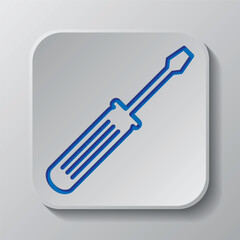 Screwdriver simple icon vector. Flat design. Paper cut design. Cutted blue symbol with shadow. Gray badge button, gray background