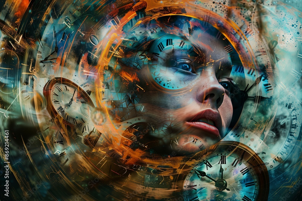 Poster An abstract of a person s face blending into a swirling vortex of colors and shapes, representing