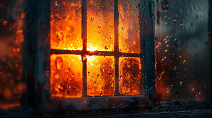 Fototapeta premium Close-up of old window with sunset light