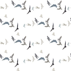 Watercolor seamless pattern with birds on the white background.
