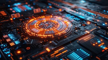 Futuristic digital interface with central hologram