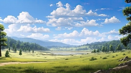 Obraz premium The image is of a beautiful landscape with a large green field, a pond, and rolling hills in the distance. The sky is blue and there are white clouds.