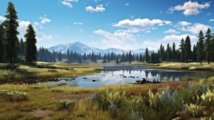 The image is of a beautiful landscape with a lake, mountains, and trees.