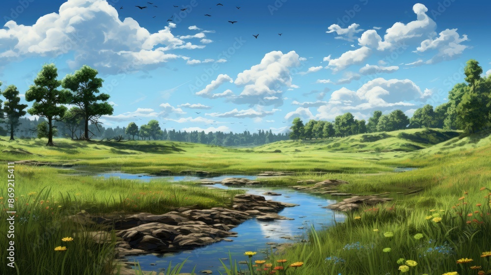 Poster a beautiful landscape with a river running through it. there are green hills in the background and a