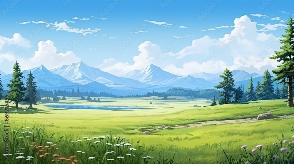 Poster the image is a beautiful landscape of a green field with a lake and mountains in the distance. the s