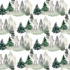 Watercolor seamless pattern with bears and trees for fabric, wrapping paper, etc.