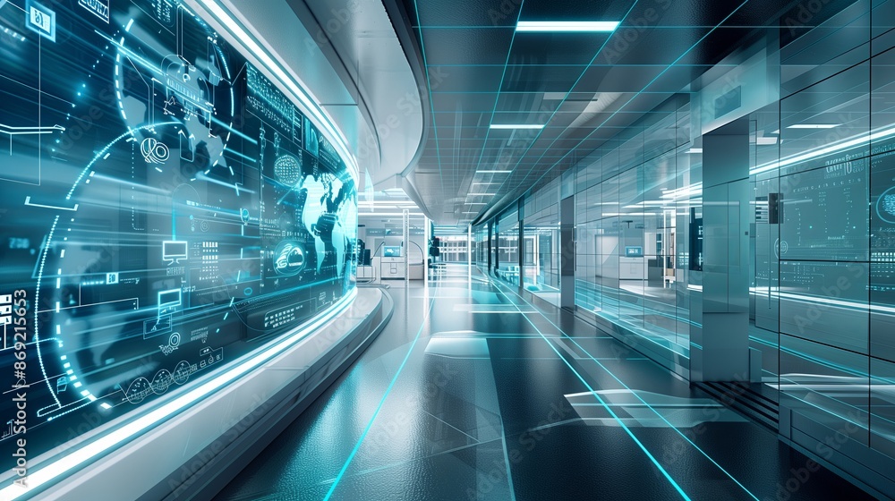 Poster an advanced ai operated medical facility with abstract, flowing digital lines and patterns