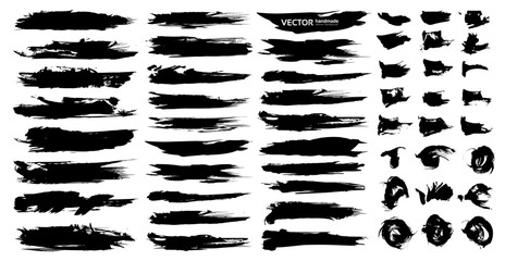 Big set of black textured smooth and curly strokes isolated on white background 52 elements