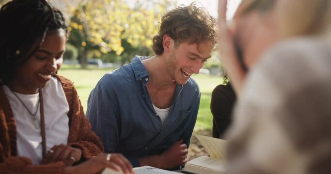 Students, laughing and outdoor conversation for study break with comedy joke and learn for english exam. Smile, gen z people and talking friends in nature park for gossip story and college education