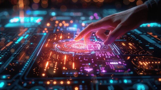 Hand touching a glowing holographic interface. - Powered by Adobe