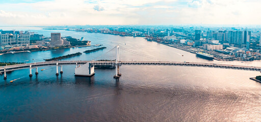 Aerial view of the Rainbow Bridge in Odaiba, Tokyo, Japan