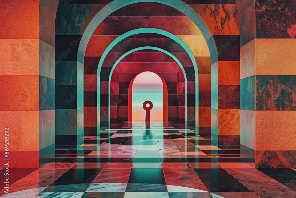 Poster an artistic, high resolution of a keyhole in a luxurious setting, revealing an abstract and trendy