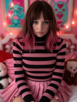 young girl with pink hair in a striped outfit