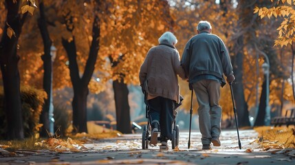 Elderly Couple Walking Together With Mobility Aids in Autumnal Park