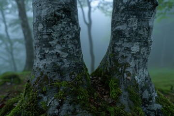 Obraz premium Mossy tree trunks in a foggy forest