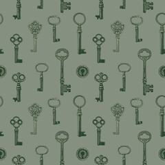 Seamless pattern with old wintage silver keys on gray background. Vector repeating background in vintage style. Suitable for wallpaper, wrapping paper or fabric design