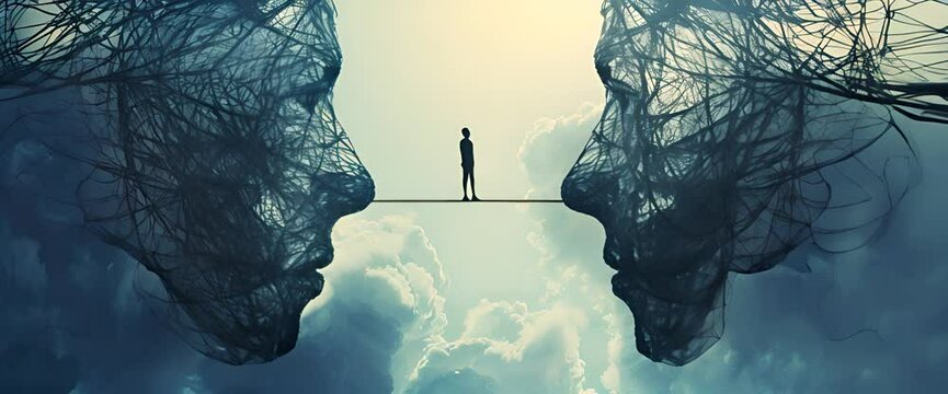 A man stands on a rope between two faces made of tangled wires, symbolizing balance and strength in the struggle with mental health.