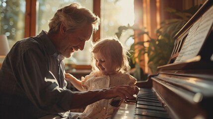 Retired man teaching his grandchild how to play the piano at home Stock Photo with copy space