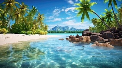 Amazing beach with white sand, palm trees and crystal clear water. A relaxing and peaceful place. The perfect destination for a vacation.