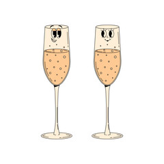 Champagne festival. A couple groovy characters champagne glass with face. Funky alcohol design for invitation, party, holiday. Retro vector illustration