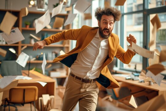 A highly animated man in an orange blazer runs through an office with papers flying around, showing urgency and chaos in a busy workplace.