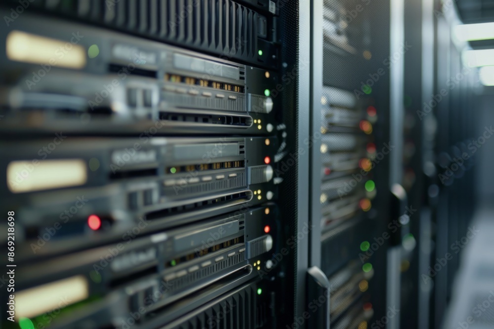 Poster server room equipment with blinking lights is neatly arranged in a data center