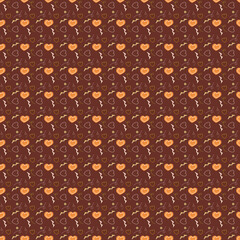 Seamless pattern with heart-shaped golden stars and bokeh lights on a brown background.