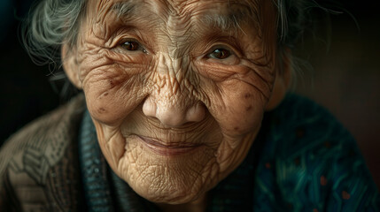 An old woman of Asian origin with deep wrinkles and a warm smile, with clear eyes full of life and wisdom, her face reflects the years of joys and difficulties experienced.