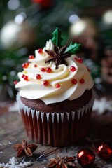 Festive Holiday Cupcake with Frosting and Decorations
