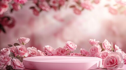 Empty podium with rose flowers decoration on rose background with empty space for beauty cosmetic and romantic valentines or mother, birthday gift, product present scene stand, display.