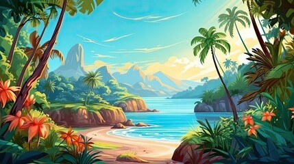 Obraz premium The sun is shining brightly over the blue ocean. The white sand beach is surrounded by lush green palm trees.