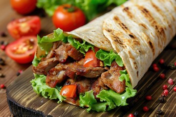 Savory meat wrap with fresh tomatoes and crispy lettuce presented on a rustic wooden table