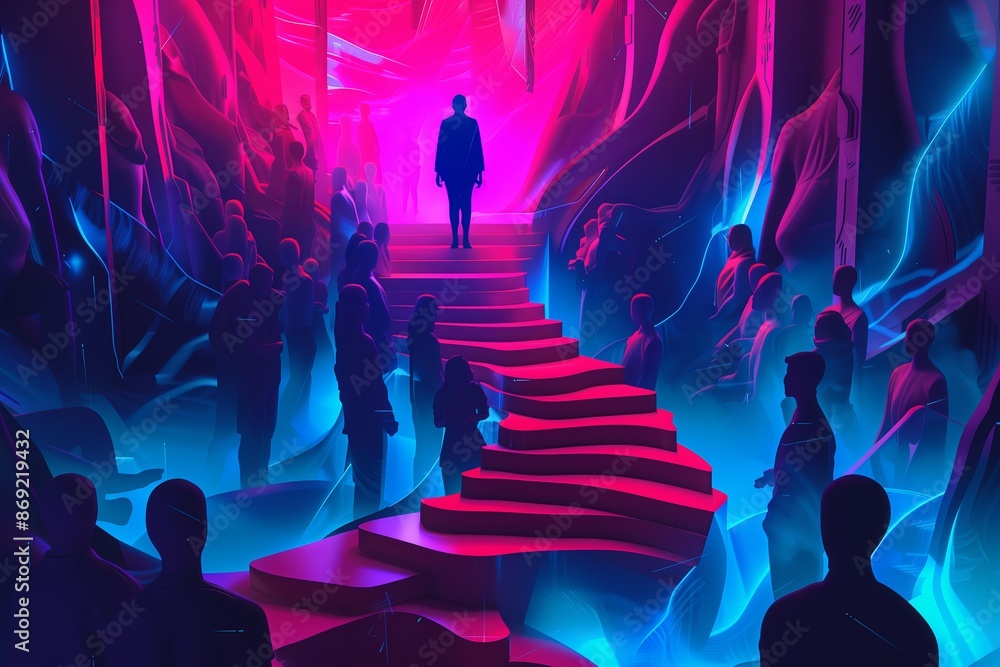Poster a style illustration of a person standing on a stage with abstract, intimidating figures in the