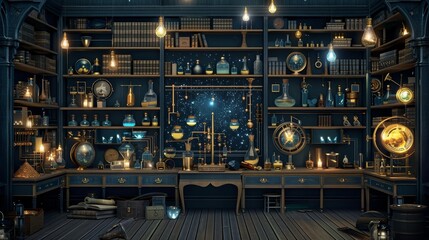 Dimly lit alchemist's workshop filled with mysterious apparatus, glassware, and ancient tomes. Shelves laden with bottles, candles casting eerie shadows. 