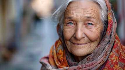 An older European woman with a wrinkled face and a warm smile, with gray hair and a clear, friendly look, her face radiates wisdom and benevolence.