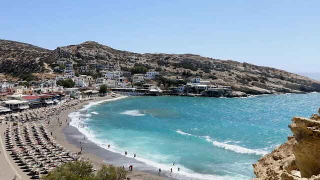 Relax on the beautiful beach of Matala in Southern Crete, Greece