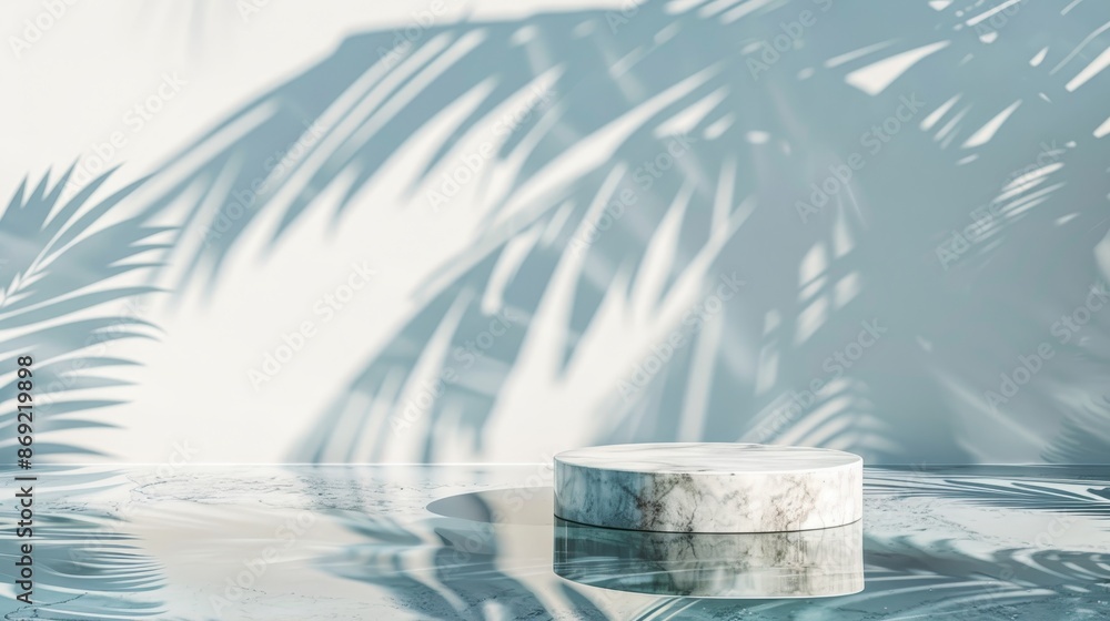 Poster an empty mockup of a podium in water, with a palm leaf shadow on a deep green pastel background for 