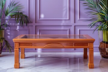 An elegant cherry wood coffee table with a glass inlay, placed in front of a lavender luxury house...