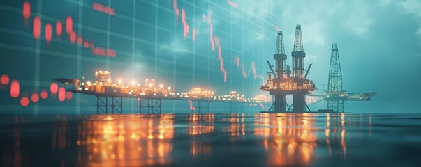 A digital composite image showing an offshore oil platform with superimposed stock market graphs, symbolizing energy market trends