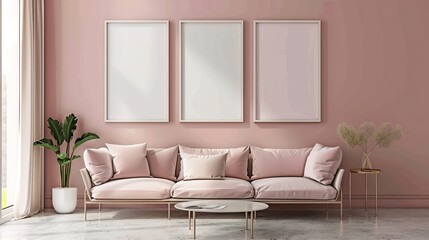 Pink living room interior with sofa, three framed pictures, and plants.