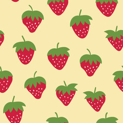 Seamless pattern with strawberry on color background. Natural delicious fresh ripe tasty fruit. Vector illustration for print, fabric, textile, banner, other design. Food concept