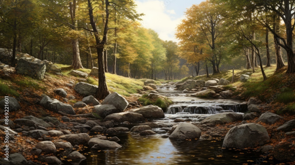 Poster a beautiful landscape of a forest with a river running through it. the trees are in full bloom and t