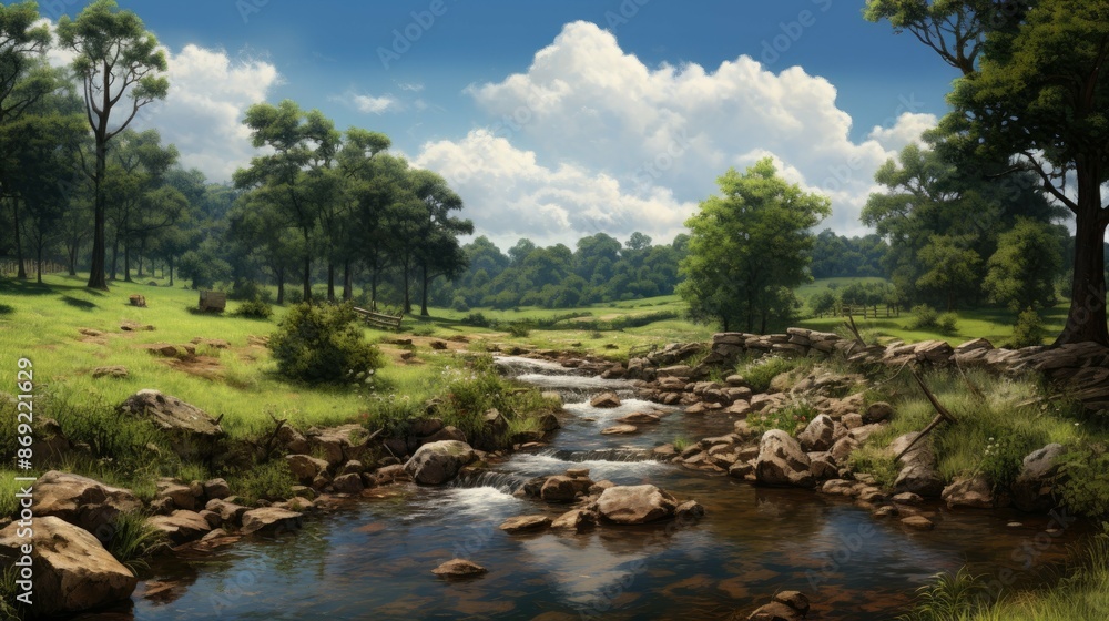 Poster a beautiful landscape with a river running through it. the river is surrounded by green trees and gr