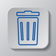 Trashcan simple icon vector. Flat design. Paper cut design. Cutted blue symbol with shadow. Gray badge button, gray background