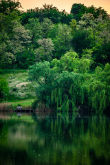 Sunset over the river . Another river beach. May and trees . Green colors . Reflections on water . Fising on river . Golden sunset 