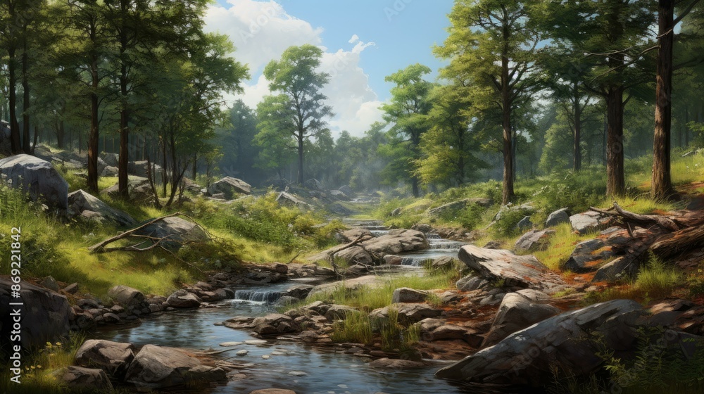 Poster a beautiful landscape with a river running through it. the river is surrounded by green trees and ro