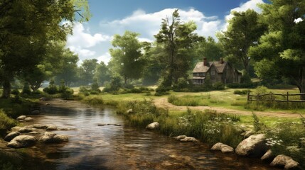 Obraz premium A beautiful landscape with a river in the foreground, a house in the middle, and trees in the background.