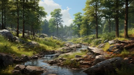 Obraz premium A beautiful landscape with a river running through it. The river is surrounded by green trees and rocks.